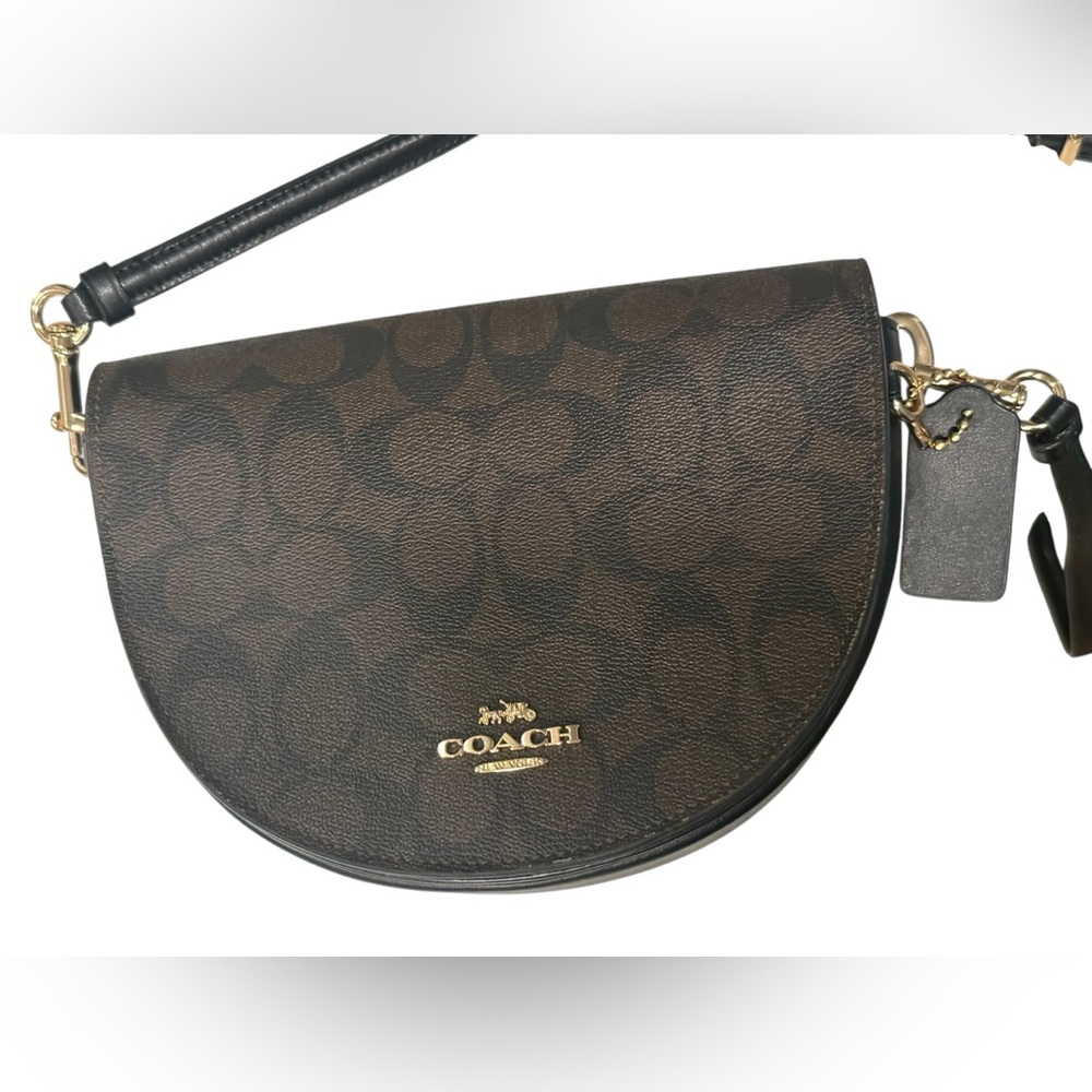 COACH Brown Signature Half-Moon Crossbody with Gold Hardware